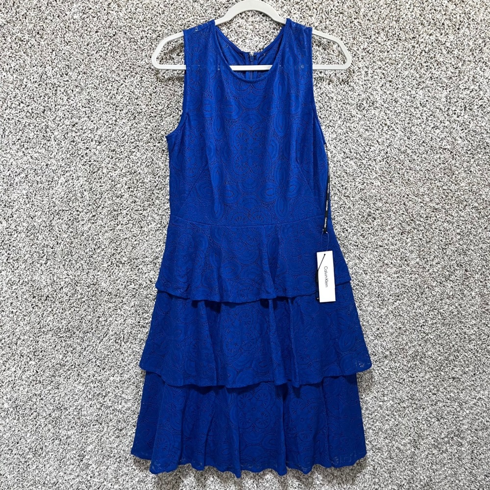 Calvin Klein Dress Women's 6 Blue‎ Lace Tiered Sleeveless Fit & Flare NWT